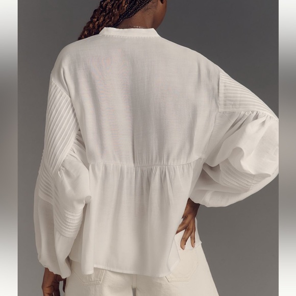 Maeve  for Anthropologie-White Pintuck Front Band-Collar Blouse - Picture 2 of 7